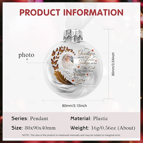  Enfeite de pena de Natal personalizado com foto, enfeite de bola 3D personalizado, presentes de condolências pela perda de entes queridos, decoração de feriado memorial de lembrança de árvore de Natal personalizada