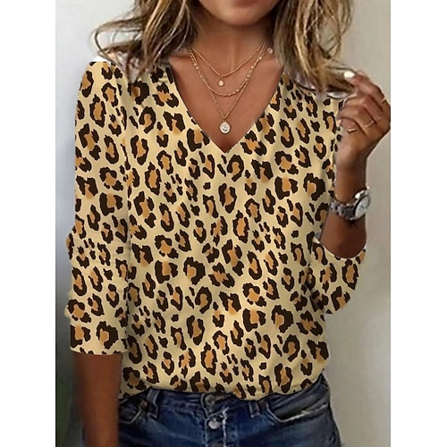  Dam Tunika T-shirt Grafisk Leopard Färgblock Vintage Stylish Ledigt Långärmad V-hals Vanliga toppar Dagligen Sport Helgen Mönster Blå Kaki Höst
