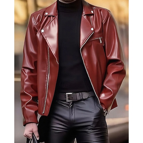  Miesten Nahkatakit Biker takki Moottoripyörä takki Loma Päivittäin Tuulenkestävä Pidä lämpimänä Tasku Syystalvi Tavallinen Muoti Klassinen Kauluskäänne Normaali Musta Rubiini Jackets