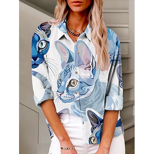  Women's Shirt Cat Active Daily Stylish Long Sleeve Shirt Collar Regular Tops Daily Holiday Buttons Print Blue Summer Spring Fall