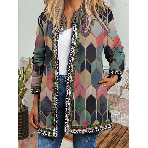  Dame Uformell jakke Vindtett Hold Varm Lomme Fargeblokk Åpen Forside Med lommer Elegant Årgang Moderne Geometrisk Avslappet Daglig Fritid / hverdag Kort Crewneck Normal Langermet Yttertøy Rosa Lilla