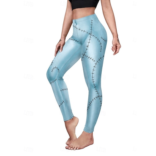  Leggings da donna per Halloween, pantaloncini anti-sfregamento, punk, casual, lunghi, a vita alta, stampa grafica, taglio alto, comodi, traspiranti, alta elasticità, per tutti i giorni, per le vacanze, festival, nero, blu reale, blu