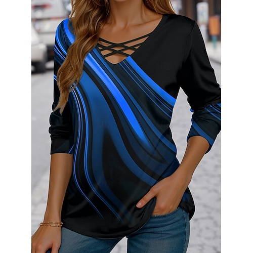  Naisten T-paita Kuvitettu Geometrinen Vintage Tyylikäs Vapaa-aika Pitkähihainen V kaula-aukko Tavalliset topit Päivittäin Katkaistu Painettu Sininen Rubiini Laivastosininen Purppura Apila Kevät Syksy