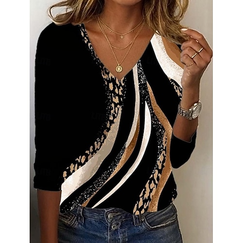  Mujer Sayo Camiseta Leopardo Bloque de color Letra Vintage Elegante Casual Manga Larga Escote en Pico Tops regulares Diario Deportes Fin de semana Estampado Rosa Azul Piscina Marrón Verde Trébol Otoño