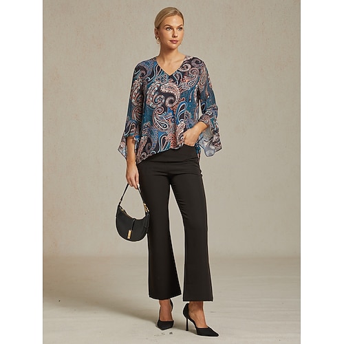  Per donna Camicia Boho Blusa Paisley Vintage Elegante Casual Manica Lunga Scollo a V Top Regolari Ospite di nozze Lavoro Quotidiano Volant Blu marino Estate Primavera Autunno