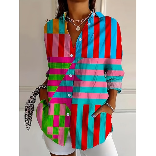  Damen Hemd Blumen Grafik Vintage Tropisch Stilvoll Langarm Hemdkragen Normale Oberteile Arbeit Täglich Patchwork Knöpfe Druck Regenbogen Sommer Frühling Herbst Winter