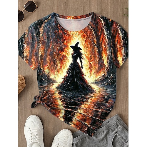  Halloween Dámské Tričko Grafika Čarodějnice Vinobraní stylové Klasické Krátký rukáv Kulatý Běžné topy Denní Tisk Vodní modrá Fialová Oranžová Trávová zelená Léto Jaro Podzim