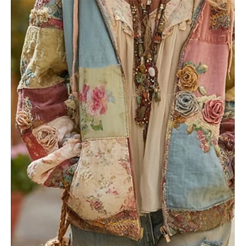  Felpe con Cappuccio 3D Donna Stampate con Grafica Floreale Moda Casual Boho Maniche Lunghe Cappuccio Top Regolari Abbigliamento Stradale Quotidiano Patchwork Tasca con Cerniera Rosa Rosso Blu