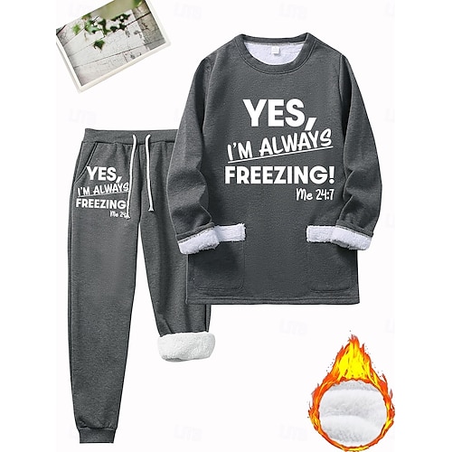  Dames Warm Dagelijks Tweedelige sets Trainingspak Broeken Sets Lange mouw Strakke ronde hals Grafisch Brief Trekkoord Afdrukken Casual Dagelijks Zwart Donker Roze blauw Herfst Normale pasvorm