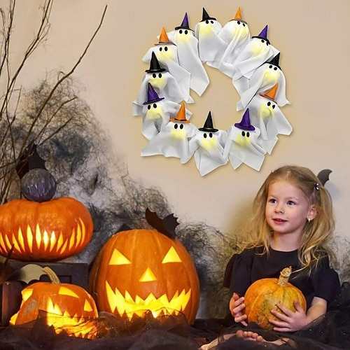  halloween szellemkoszorú fényekkel 16 hüvelykes 12 led-es kis világító fehér szellemgirland kísérteties szellemek halloween koszorúk bejárati ajtóra lógó boszorkánysapka szellem otthoni partiajtó