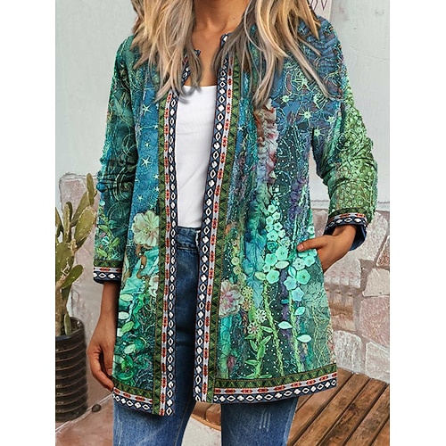  Pentru femei Sacou Rezistent la Vânt Cald Buzunar Bloc de Culoare Deschis frontal Cu buzunare Epocă Modern Casual Floral Casual Zilnic Casul / Zilnic Scurt Crewneck Fit regulat Manșon Lung