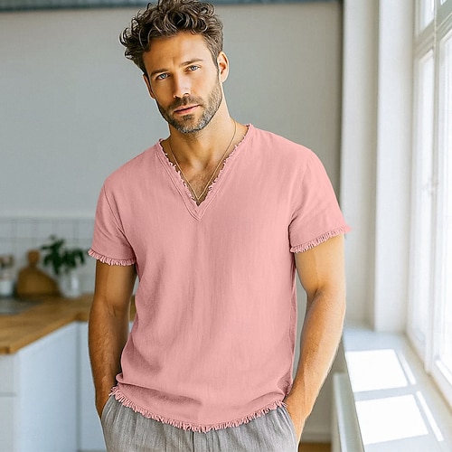  Homme T-shirt T-shirt en lin Manches courtes Col en V Été Printemps Couleur Unie Uni Mode Designer Basique Flexible Vacances Occasionnel Décontracté Quotidien Blanche Rose Claire Rouge Bordeaux