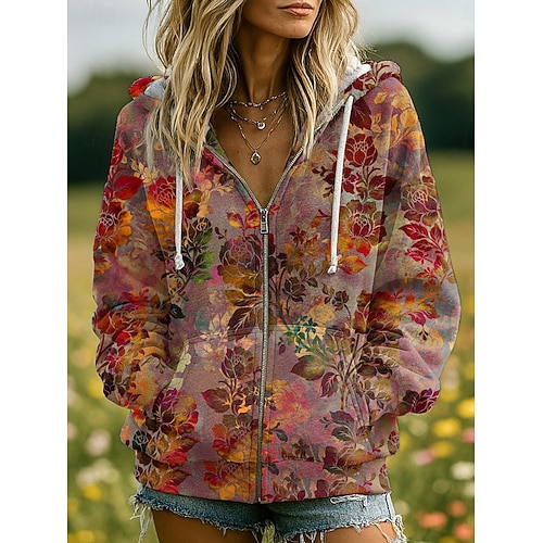 Felpa con cappuccio vintage boho 3D stampata da donna felpa con cappuccio patchwork felpa con zip floreale moda casual a maniche lunghe con cappuccio street quotidiano patchwork tasca con zip rossa