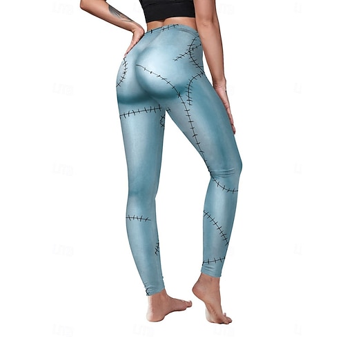  Leggings da donna per Halloween, pantaloncini anti-sfregamento, punk, casual, lunghi, a vita alta, stampa grafica, taglio alto, comodi, traspiranti, alta elasticità, per tutti i giorni, per le vacanze, festival, nero, blu reale, blu