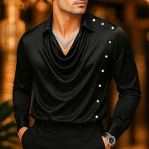  Pánské Košile Hedvábí jako Saténová košile Košile pro volný čas Bez vzoru Formální Svatební Černá Fialová Námořnická modř Zlatá Dlouhý rukáv Nabíraný krk Jaro & podzim Celý rok Oblečení Nabírané šaty