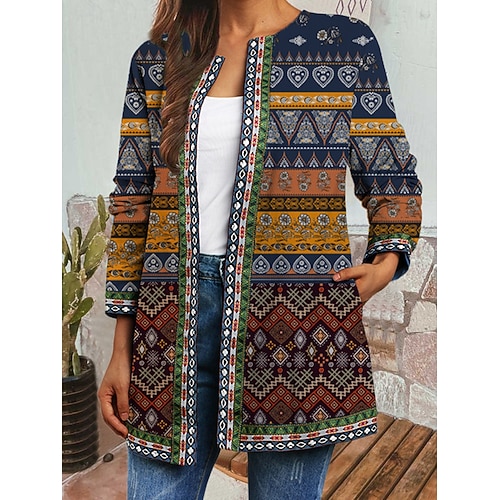  Pentru femei Sacou Rezistent la Vânt Cald Buzunar Bloc de Culoare Deschis frontal Cu buzunare Epocă Modern Casual Floral Casual Zilnic Casul / Zilnic Scurt Crewneck Fit regulat Manșon Lung