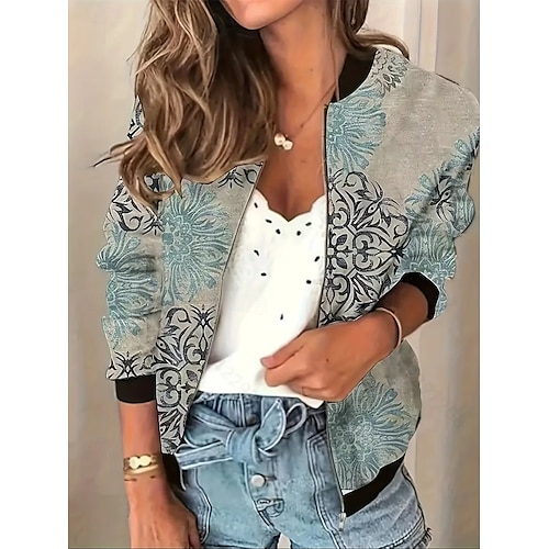  Kurtka bomber damska ciepła, szybkoschnąca, z zamkiem błyskawicznym, elegancka, modna, codzienna, prosta, w kwiaty, na wakacje, swobodna, na co dzień, krótka, z kołnierzykiem baseballowym, regularny