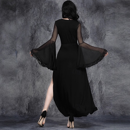 Gothic Maxi Dress Bell Sleeve Witch Morticia Addams Slit Solid