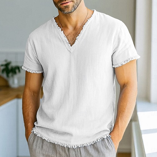  Homme T-shirt T-shirt en lin Manches courtes Col en V Été Printemps Couleur Unie Uni Mode Designer Basique Flexible Vacances Occasionnel Décontracté Quotidien Blanche Rose Claire Rouge Bordeaux