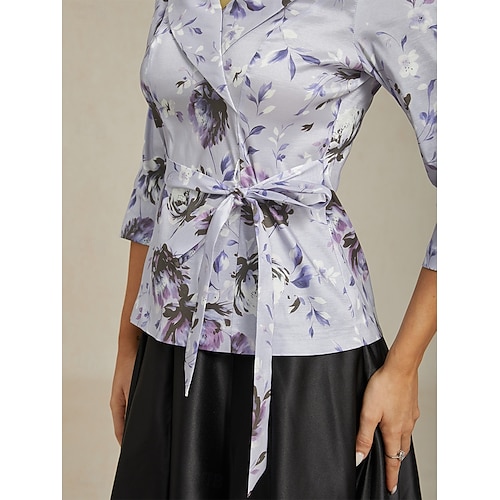  Dame Dressy topper Blomstret Elegant Årgang Bryllup 3/4 ermer V-hals Vanlige topper Bryllupsgjest Festkveldsklær Lys Lilla Vår, Høst, Vinter, Sommer