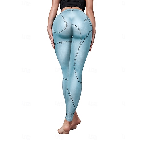  Leggings da donna per Halloween, pantaloncini anti-sfregamento, punk, casual, lunghi, a vita alta, stampa grafica, taglio alto, comodi, traspiranti, alta elasticità, per tutti i giorni, per le vacanze, festival, nero, blu reale, blu
