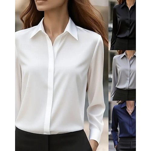  Damen Arbeitshemd Bluse Einfach Modern Lässig Langarm Hemdkragen Normale Oberteile Täglich Ferien Knöpfe Schwarz Weiß Blau Grau Herbst