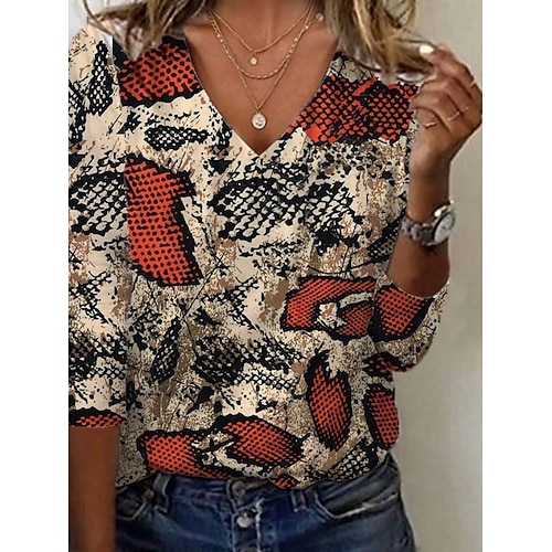  dam tunika t-shirt leopardfärgad bokstavsblock vintage snygg casual långärmad v-ringad normal toppar daglig sport helg tryck grå/röd vit/svart höst