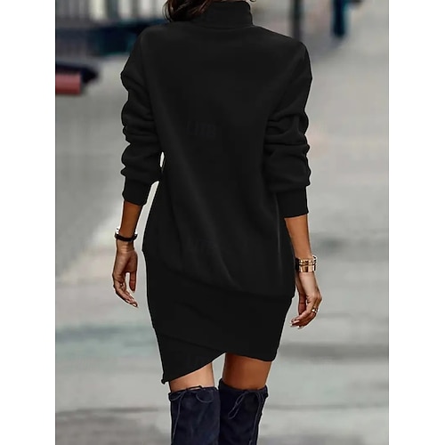  Damen Sweatshirtkleid Mini Kleid Wickelkleid Party Lässig Boho Formal Outdoor Zuhause Regulär Passform Einfarbig Geometrisch Karierte Langarm Rollkragen Schwarz Frühling Herbst Winter
