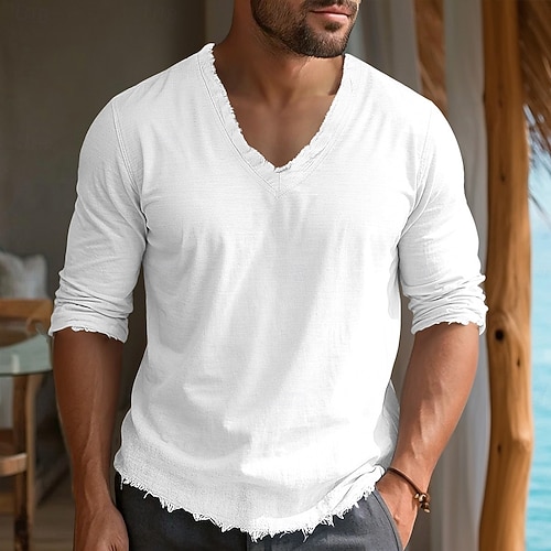  Homme T-shirt en lin manche longue Col en V Été Printemps Couleur Unie Uni ancien Basique Bohème Bord écru Vacances Rue Occasionnel Blanche Rose Claire Rouge Bordeaux T-shirt haut de gamme pour homme
