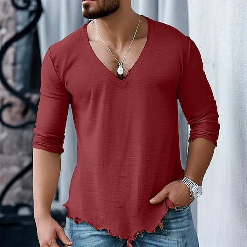  Herren Baumwoll-Leinen-Hemd T-Shirt Langarmshirt Langarm V Ausschnitt Sommer Frühling Einfarbig Täglich Lässig Trendy V-Ausschnitt Outdoor Straße Lässig Weiß Rosa Burgunderrot Top T-Shirt für Herren