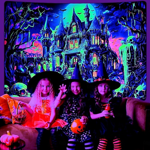  ハロウィーンの飾り、ブラックライトタペストリー、紫外線反応、暗闇で光る、光るパーティー、頭蓋骨、サイケデリック、トリッピー、お化け屋敷、吊り下げタペストリー、リビングルーム、寝室用壁画