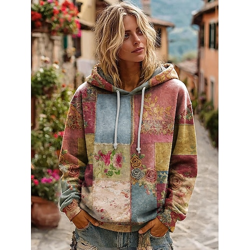  Damen 3D-Print Hoodie Pullover Sweatshirt Oversized Langarm Lässig Grafik Floral Warm Aktiv Kapuze Reguläre Tops Street Dailywear Patchwork Schwarz Weiß Gelb Dunkel Pink Frühling Herbst Winter