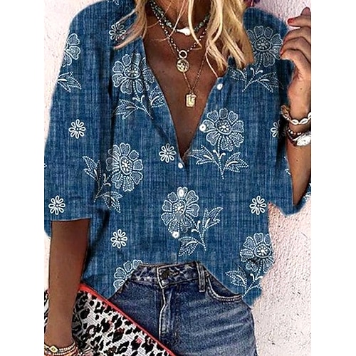  Dam sommartoppar blommig grafisk 3D bohem vintage vardaglig 3/4 längd ärm halvärmad V-hals vanliga toppar daglig semester strandkläder rynkad broderad tryck denim blå marinblå ljusblå sommar