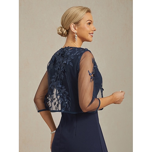  damkavaj kavaj spets broderad paljett illusionsspets elegant blommig formell jubileumsfest bröllopsgäst öppen framsida kort rund hals normal passform 3/4-ärm ytterkläder marinblå