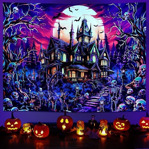  ハロウィーンの飾り、ブラックライトタペストリー、紫外線反応、暗闇で光る、光るパーティー、頭蓋骨、サイケデリック、トリッピー、お化け屋敷、吊り下げタペストリー、リビングルーム、寝室用壁画