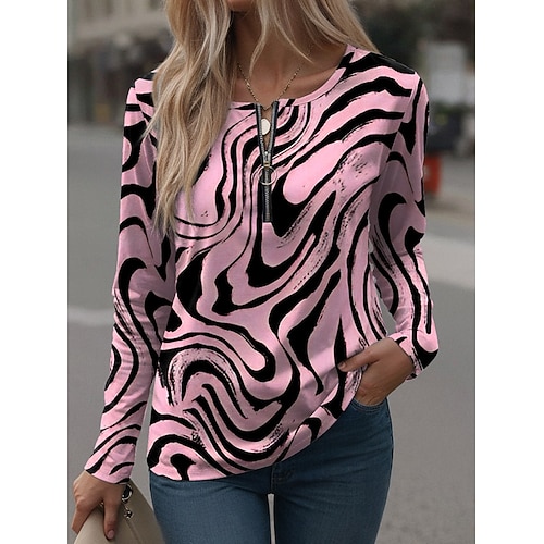  Femmes T-shirt Graphique Géométrique ancien Élégant Occasionnel manche longue Col rond Hauts Réguliers Quotidien Week-end Fermeture éclair Imprimé Rose Claire Bleu Vert Kaki Printemps Automne Hiver