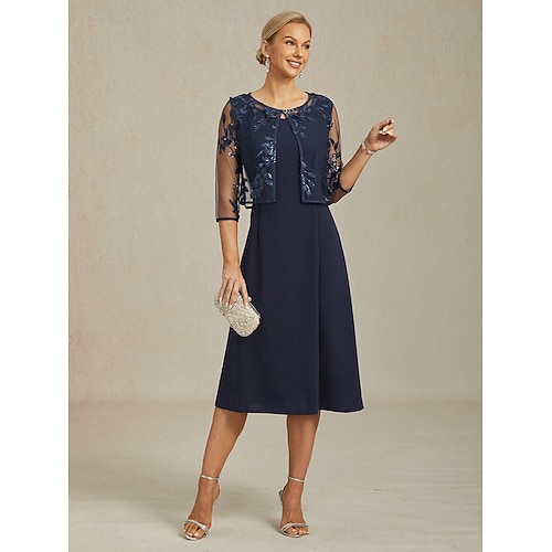  damkavaj kavaj spets broderad paljett illusionsspets elegant blommig formell jubileumsfest bröllopsgäst öppen framsida kort rund hals normal passform 3/4-ärm ytterkläder marinblå