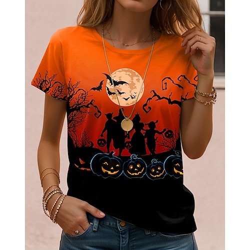  Halloween Dame T skjorte Grafisk Hodeskaller Halloween Årgang Stilfull Klassisk Kortermet Crew-hals Vanlige topper Daglig Helg Trykt mønster Svart Rød Lysebrun Blå Oransje Høst Vinter
