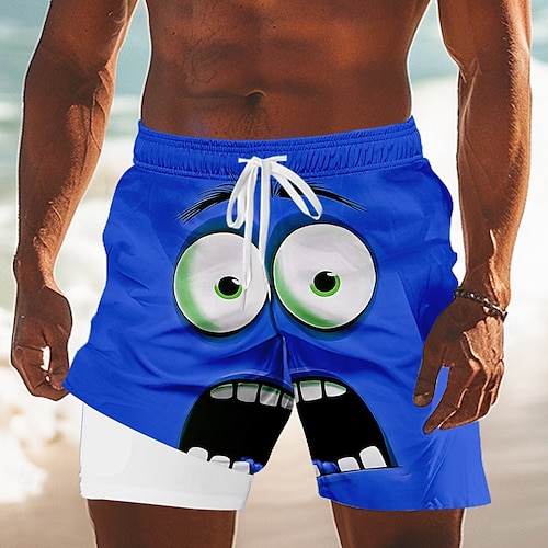 Men's 3D Cartoon Funny Smile Face Lined Shorts 2 in 1 Board Shorts Swim Shorts Mid Waist Hawaiian Holiday Side Pockets With Compression Liner Elastic Drawstring Waist Designer Clothing Apparel