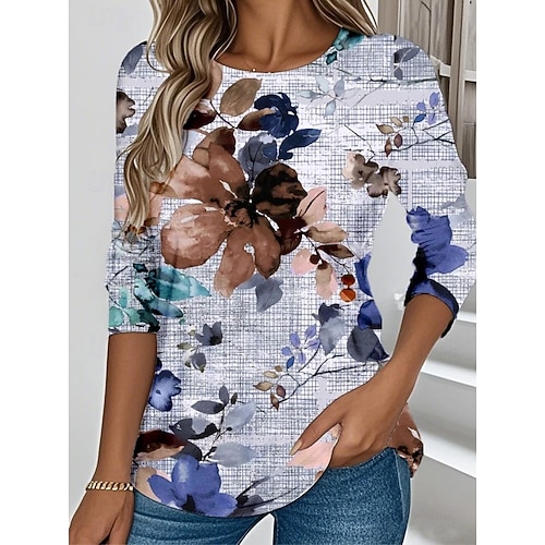 Femmes T-shirt Fleuri Graphique Dégradé Élégant ancien Classique manche longue Col ras du cou Hauts Réguliers Quotidien Sortir Week-end Imprimé Blanche Jaune Marron clair Violet Marron Printemps