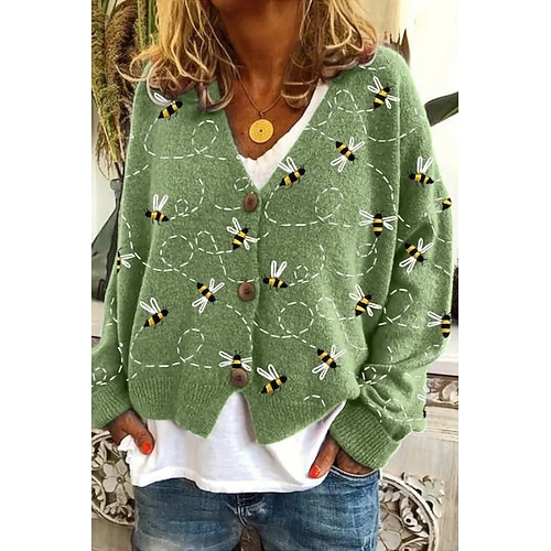  Cardigan pour femmes en tricot côtelé devant boutonné col en V manches longues léger élégant streetwear graphique géométrique impression de boutons tops tricotés pour l'extérieur quotidien week-end