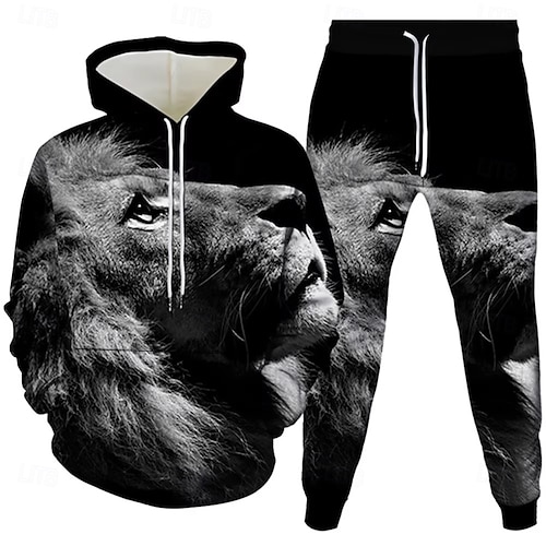  Homens Leão 2pcs Conjuntos de moletom 3D Moletom Moletom com capuz Manga Longa Calças compridas Com Capuz Casual Diário Roupa Esportiva Impressão 3D Primavera Outono Inverno Preto