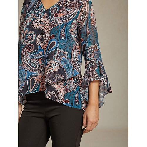  Per donna Camicia Boho Blusa Paisley Vintage Elegante Casual Manica Lunga Scollo a V Top Regolari Ospite di nozze Lavoro Quotidiano Volant Blu marino Estate Primavera Autunno