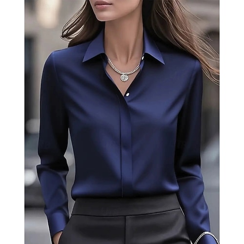  Damen Arbeitshemd Bluse Einfach Modern Lässig Langarm Hemdkragen Normale Oberteile Täglich Ferien Knöpfe Schwarz Weiß Blau Grau Herbst