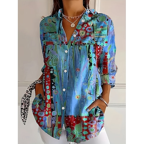  Damen Hemd Grafik Geometrisch Vintage Täglich Lässig Langarm Hemdkragen Normale Oberteile Täglich Ferien Druck Gelb Rote Blau Purpur Grün Sommer Frühling