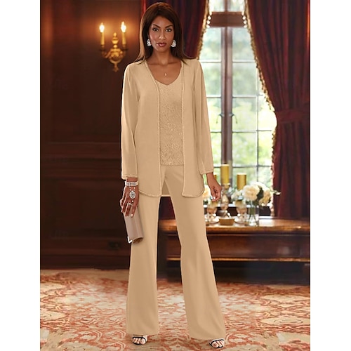 Completo da Sposa in Spiaggia 3 Pezzi Madre della Sposa Ospite di Nozze Formale Elegante Collo a V Lunghezza Piena Chiffon Pizzo Manica Lunga Giacca con Applicazioni
