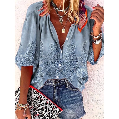  Dam sommartoppar blommig grafisk 3D bohem vintage vardaglig 3/4 längd ärm halvärmad V-hals vanliga toppar daglig semester strandkläder rynkad broderad tryck denim blå marinblå ljusblå sommar