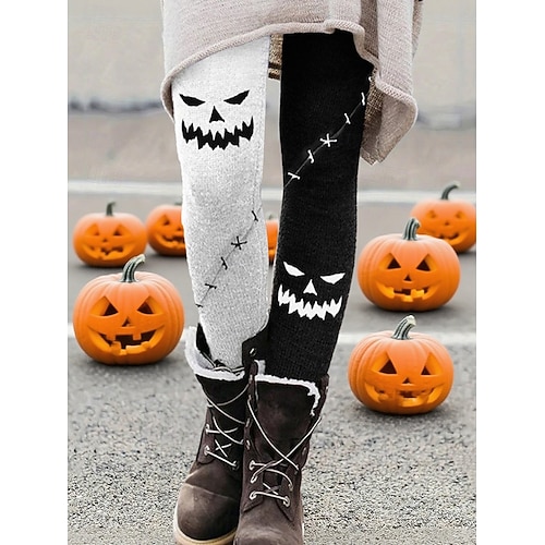  Dam Byxor Damasker Mysiga leggings Streetwear Ledigt Fullängd Hög midjaPantsHalloween Pumpa Elastisk midja Mönster Mateial som andas Bekväm Elastisk Semester Gata Dagliga kläder Vit Purpur Orange