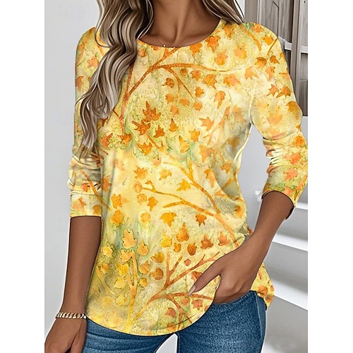  Femmes T-shirt Fleuri Graphique Dégradé Élégant ancien Classique manche longue Col ras du cou Hauts Réguliers Quotidien Sortir Week-end Imprimé Blanche Jaune Marron clair Violet Marron Printemps