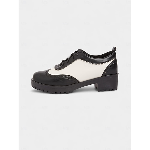  Dámské vintage černobílé oxfordské boty typu brogue z 50. let se šněrovacím designem a nízkým podpatkem - retro obuv z oktoberfestu pro běžné nošení, práci a cosplay oblečení.
